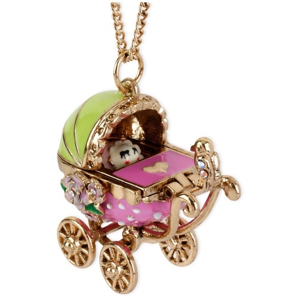 Rare‎ Betsey Johnson Baby Carriage Long Charm Necklace with Baby - Picture 1 of 4